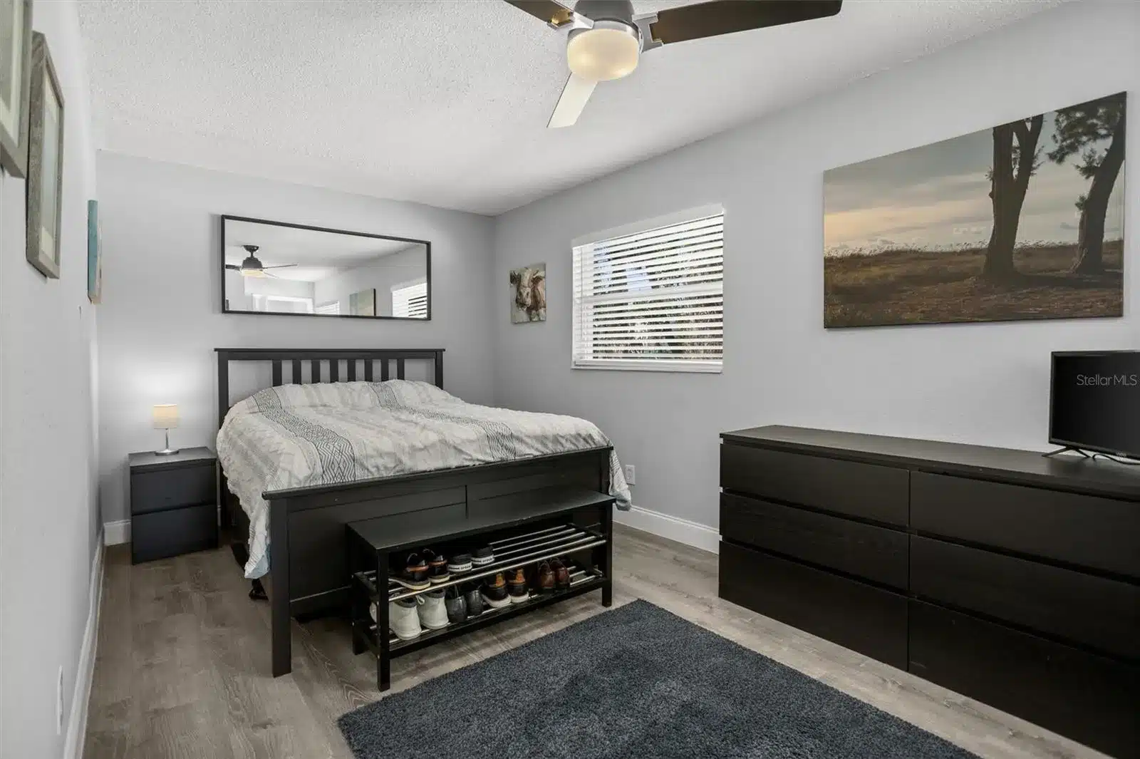 Bedroom with bed, dresser, mirror, and dark rug.
