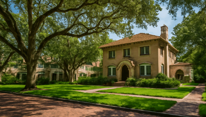 Historic Mediterranean-style home with red-tiled roof and oak trees on a brick-paved street.