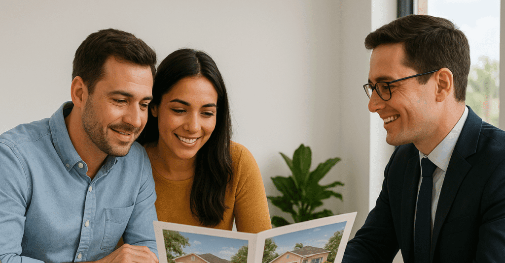 Couple sitting at a table with a real estate agent reviewing Florida home listings in a bright modern office with palm trees visible through the window.