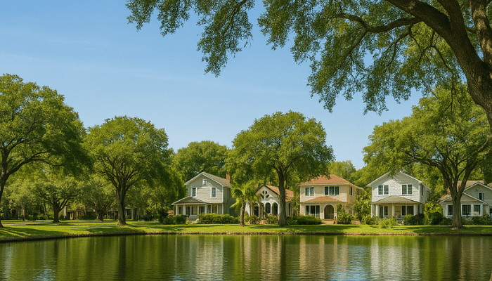 Serene view of Crescent Heights, St. Petersburg, with historic homes lining a calm lake, shaded by large oak trees, under a clear blue sky.