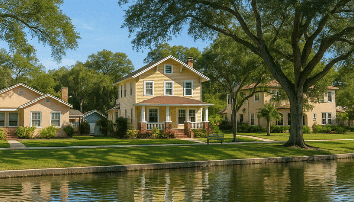 Peaceful view of Crescent Lake Park in St. Petersburg with historic homes, large oak trees, and calm water reflecting a clear blue sky.
