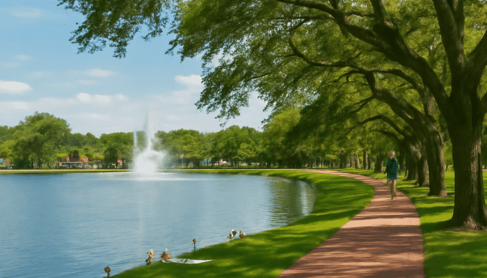 Serene lakeside path with a jogger, oak trees, and ducks near a fountain.