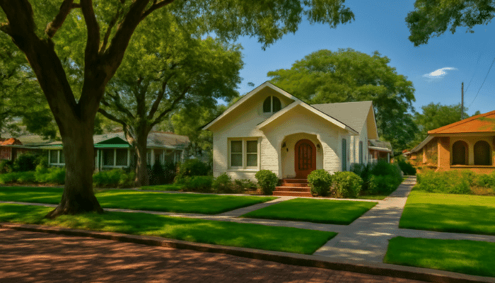 A charming 1920s-style bungalow with a red door, set on a tree-lined street with lush green lawns and herringbone-patterned brick pavement.