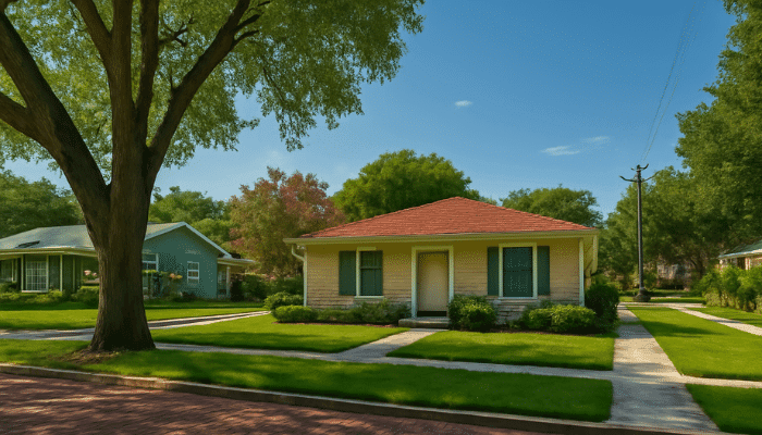 Mid-century home with a red roof on a tree-lined street, featuring well-maintained lawns and a brick-paved sidewalk under a clear blue sky.
