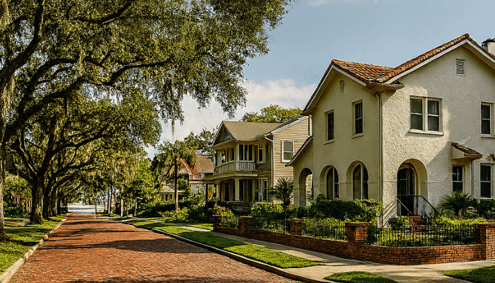 Brick-paved residential street in Historic Old Northeast, St. Petersburg, lined with mature oak trees and historic homes under a sunny blue sky.