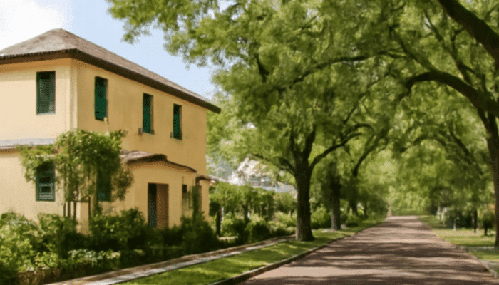 Vibrantly colored street scene with charming bungalows and tree-lined roads.