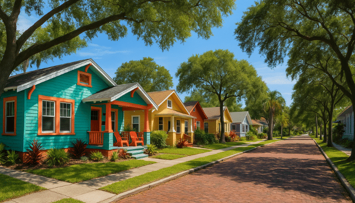 Colorful historic bungalows along a brick-paved street in St. Petersburg’s Historic Uptown neighborhood, framed by palm trees and bright blue skies.
