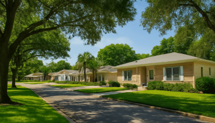 A quiet suburban street with mid-century homes, large oak trees lining the street, and well-manicured lawns under a bright blue sky.
