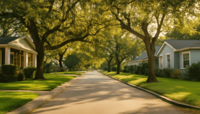 A peaceful suburban street with oak trees and two homes, bathed in late afternoon sunlight.