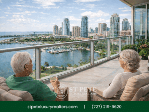 Luxury waterfront condo balcony view in St. Petersburg FL with marina skyline.
