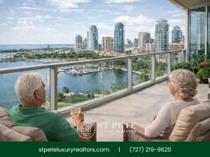 Luxury waterfront condo balcony view in St. Petersburg FL with marina skyline.