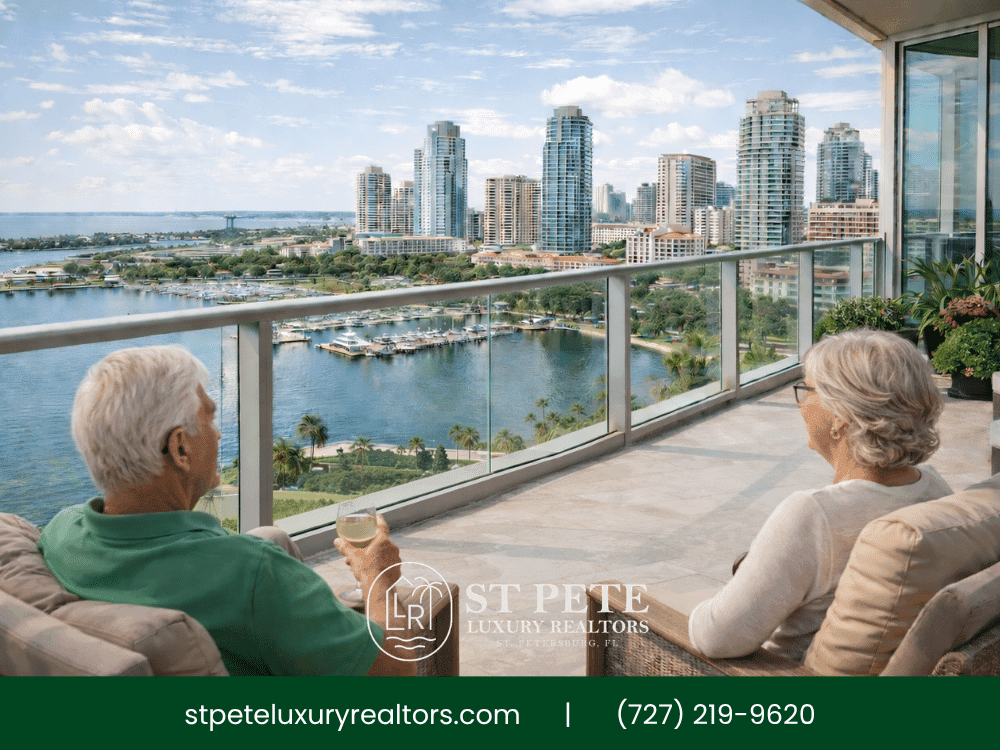 Luxury waterfront condo balcony view in St. Petersburg FL with marina skyline.