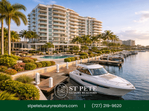 Luxury waterfront condo with marina and boat dock in St. Petersburg Florida.