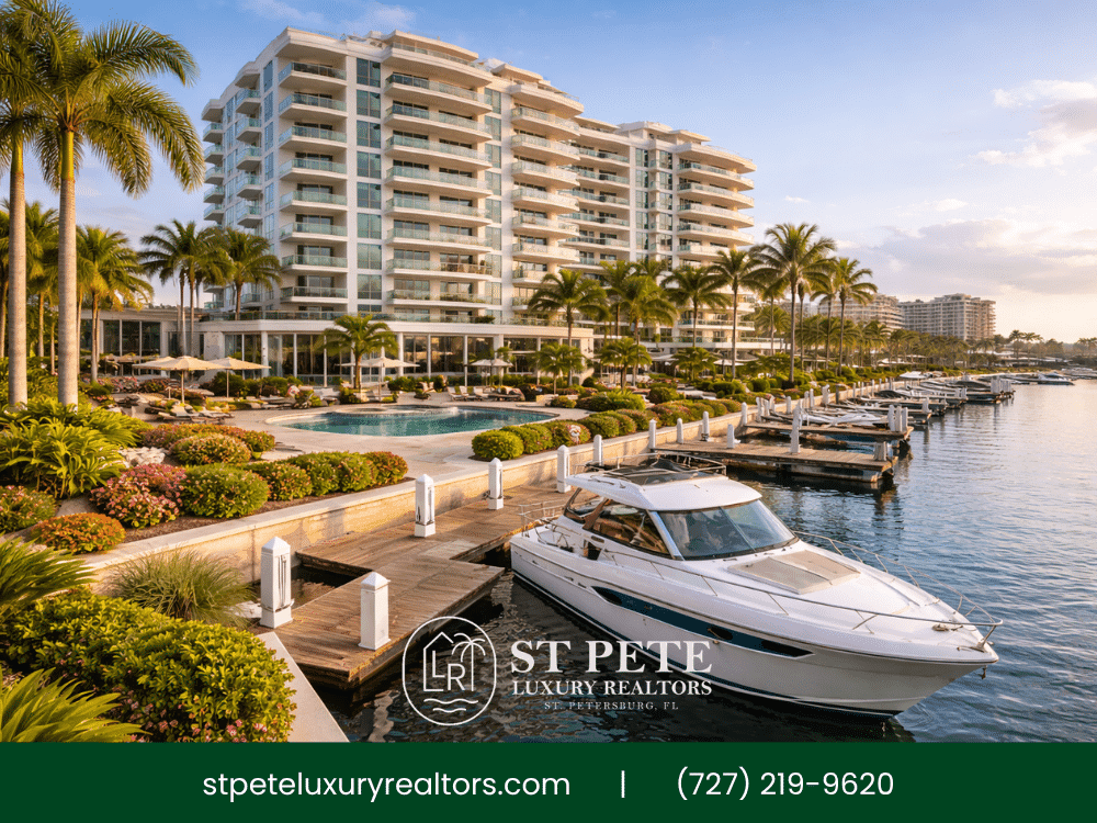 Luxury waterfront condo with marina and boat dock in St. Petersburg Florida.