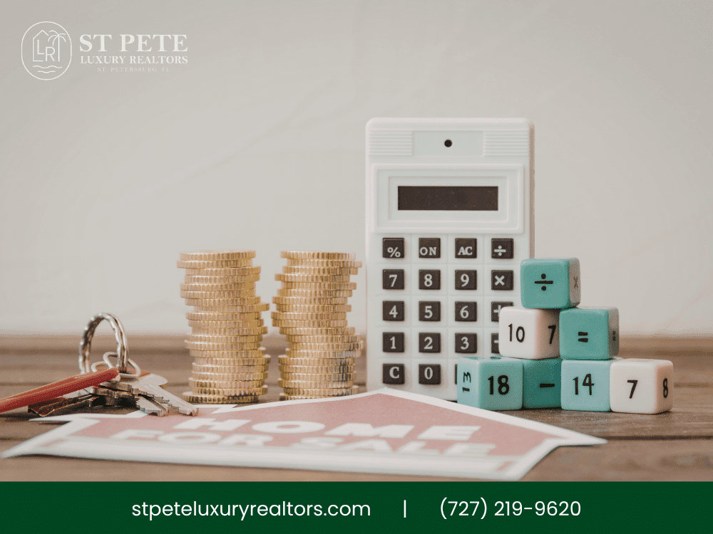 Real estate calculator with coins, keys, and 'Home for Sale' sign representing property investment.