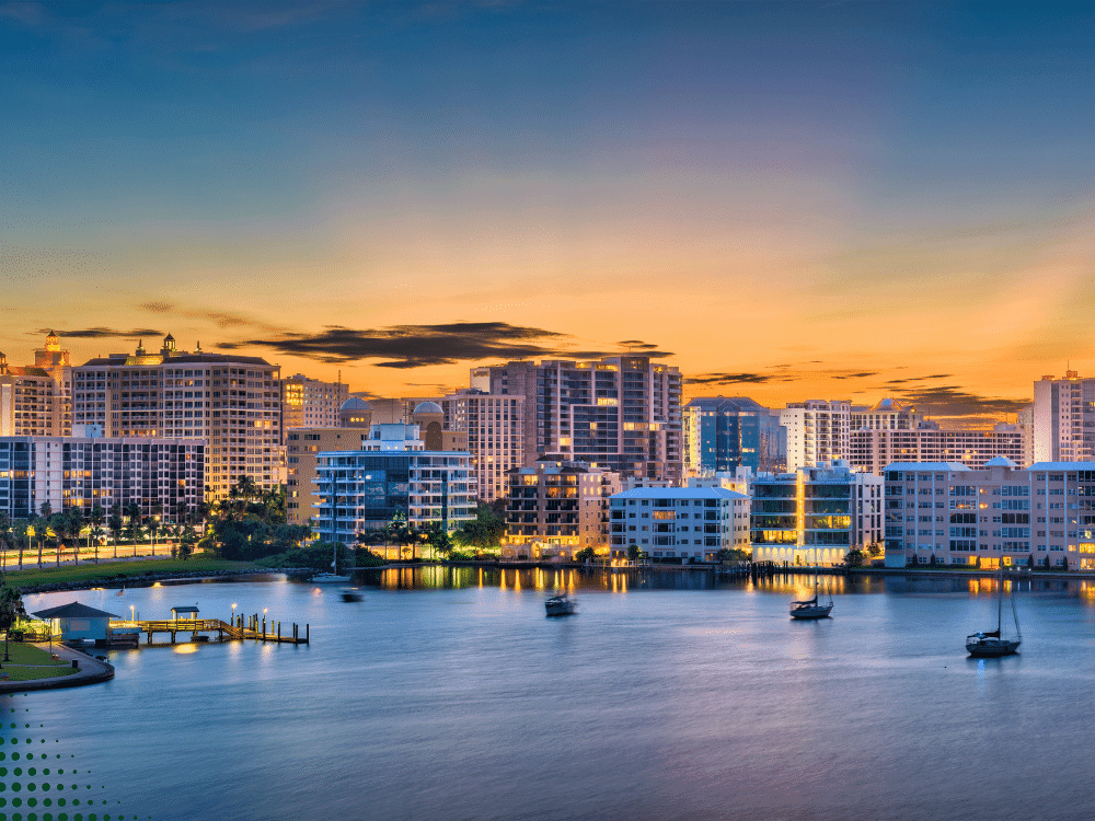 St. Petersburg FL waterfront skyline at sunset with boats and city lights.