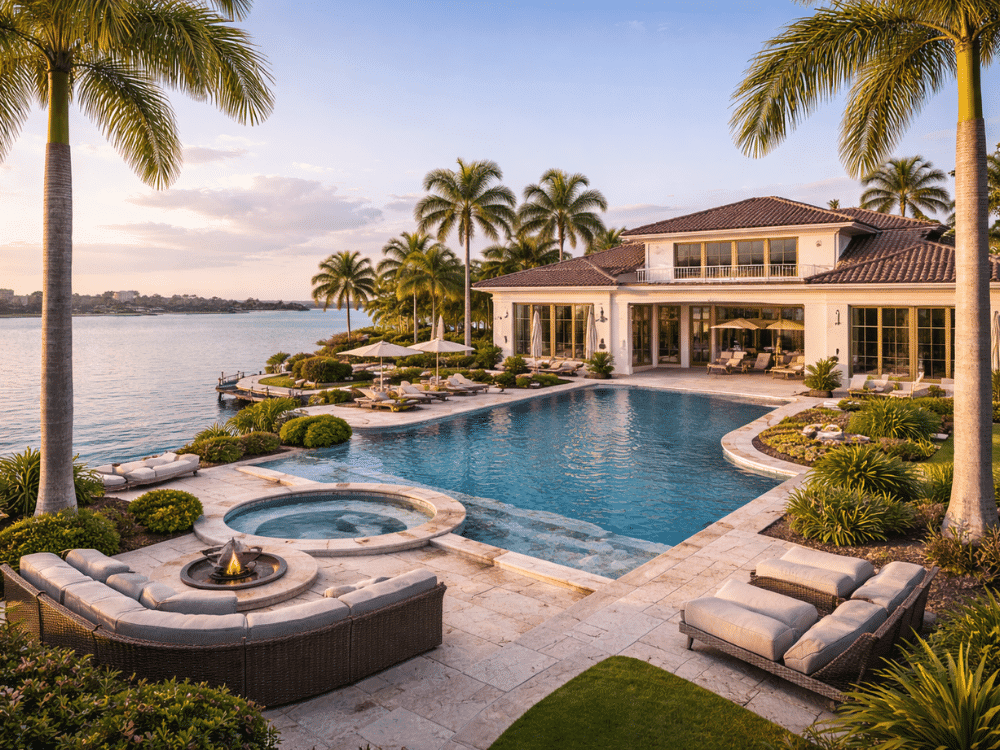 Waterfront poolside with firepit and panoramic views of St. Petersburg luxury homes.