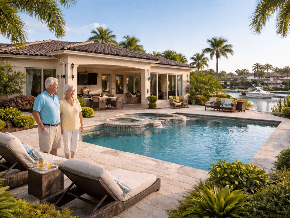 Luxury waterfront home with pool and palm trees in St. Petersburg Florida.