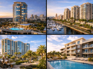 Luxury condo buildings in Downtown St. Petersburg with marina views, pools, and modern architecture