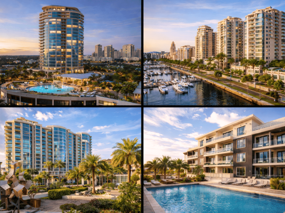 Luxury condo buildings in Downtown St. Petersburg with marina views, pools, and modern architecture