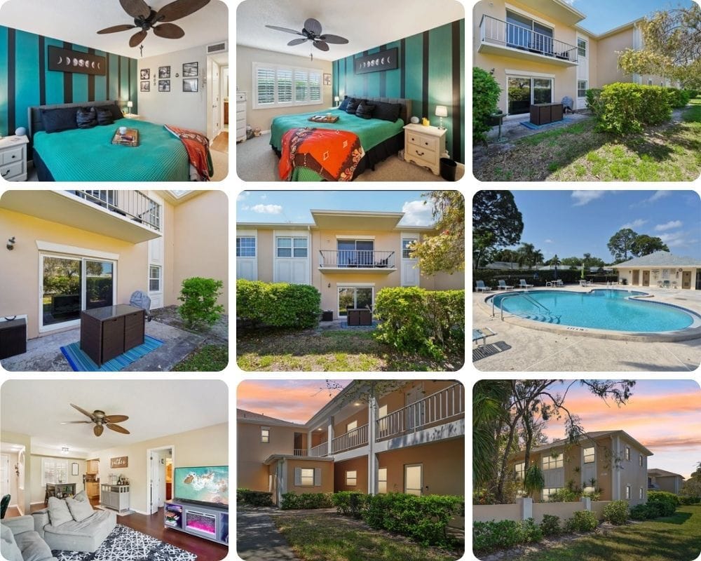 Collage of bedroom, patio, community pool, and living areas at 8300 Bardmoor Blvd Unit 103 in Seminole, FL