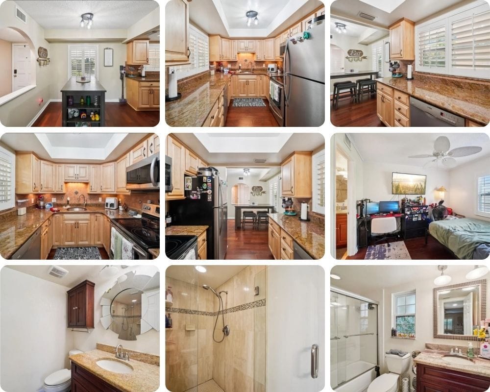 Interior collage of kitchen, dining area, bedroom, and bathrooms at 8300 Bardmoor Blvd Unit 103 in Seminole, FL