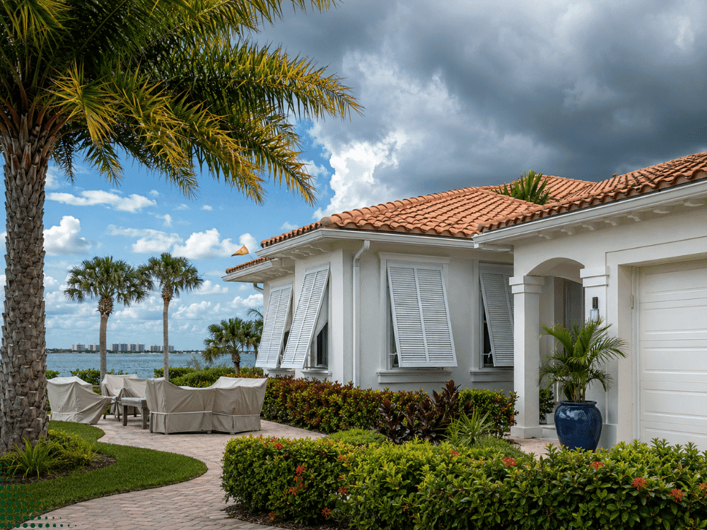 White waterfront home with closed hurricane shutters, landscaped yard, palm trees, and a canal view under cloudy skies.