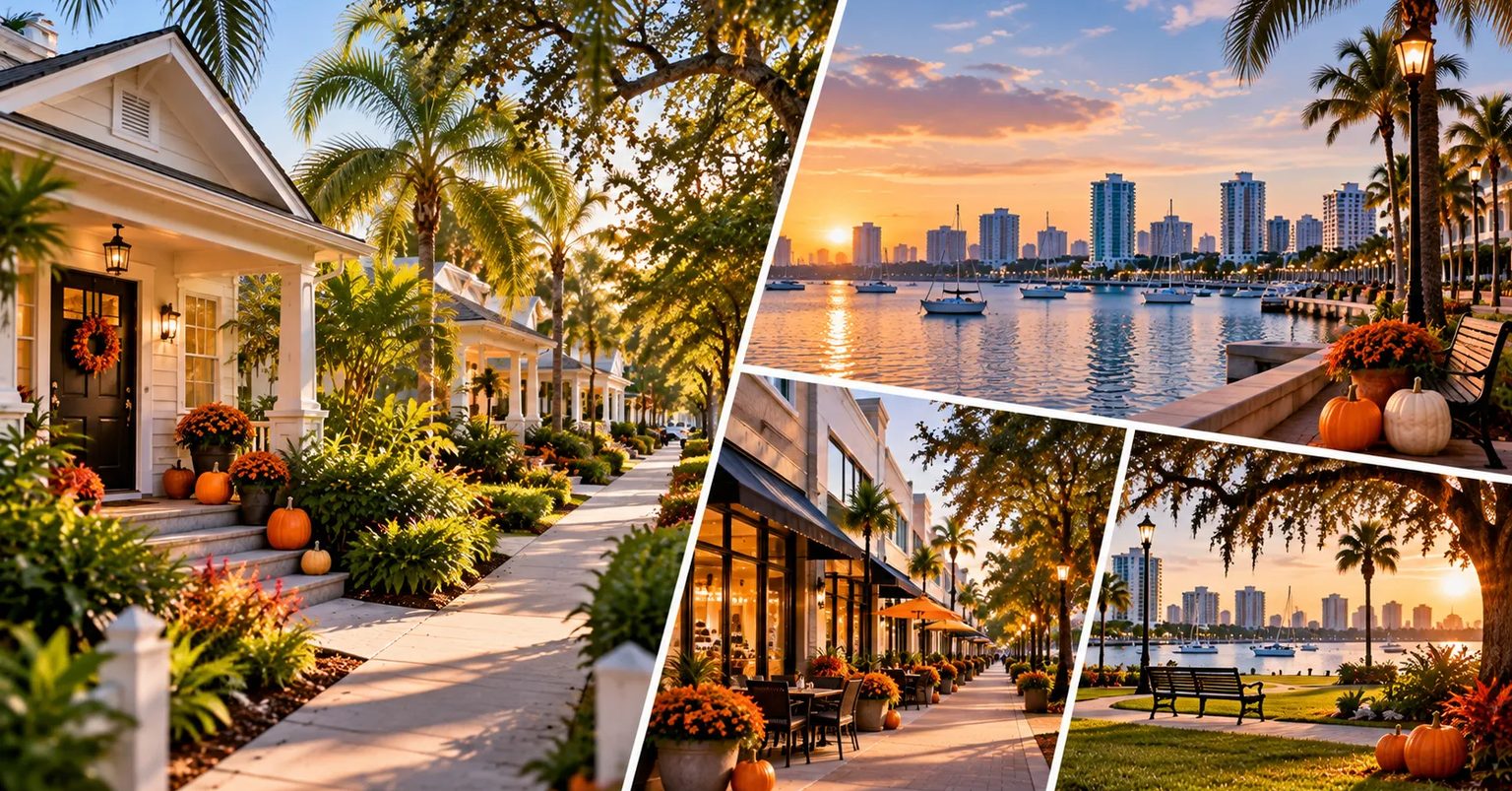 Four-panel collage: a porch with pumpkins and mums, the St. Petersburg waterfront at sunset, a cafe-lined street at dusk, and a live oak in a bayfront park.
